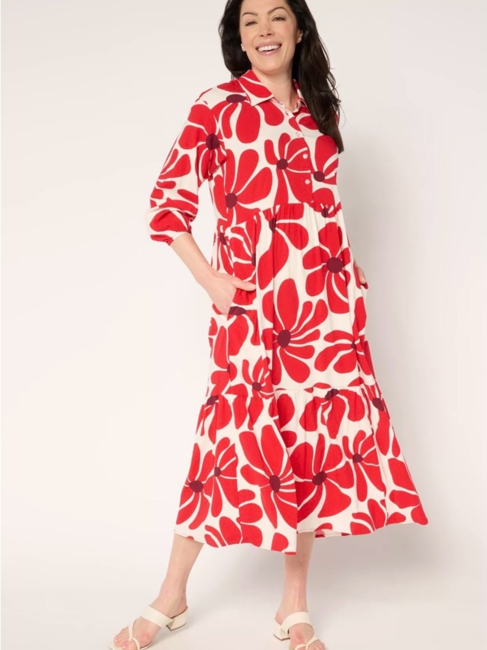Maeve Anthropologie The Bettina Tiered Shirt Dress XL Red Floral Midi Maxi